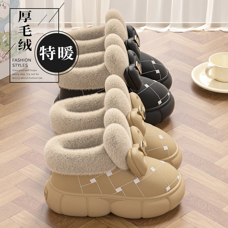 防水棉拖鞋女可爱蝴蝶结室内居家防滑可外穿加绒冬天保暖棉鞋厚底