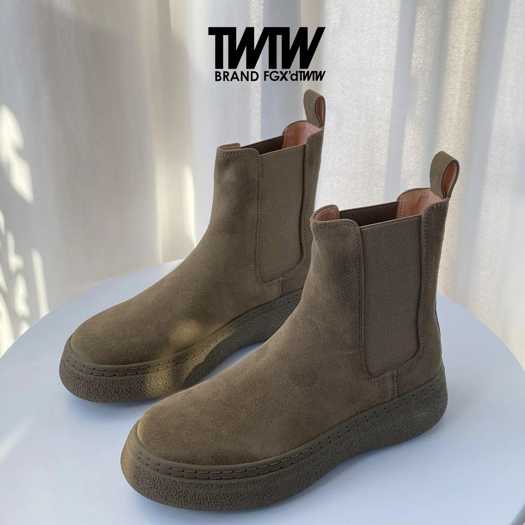 TWTW正品厚底磨砂皮马丁靴女春秋单靴2023新款百搭简约套筒短靴潮