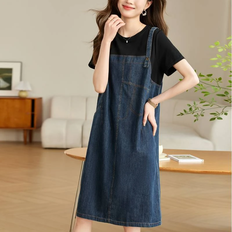 背带裙女2025新款夏季中长款小个子减龄遮肚洋气短袖假两件连衣裙