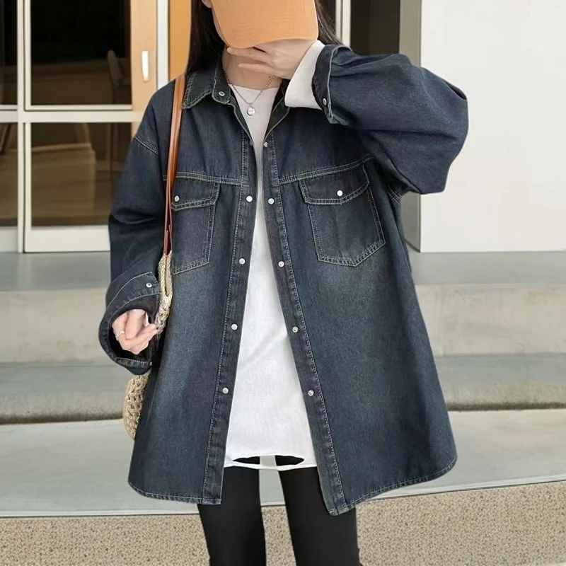 1111秋冬新款加绒加厚口袋设计长袖牛仔衬衫女