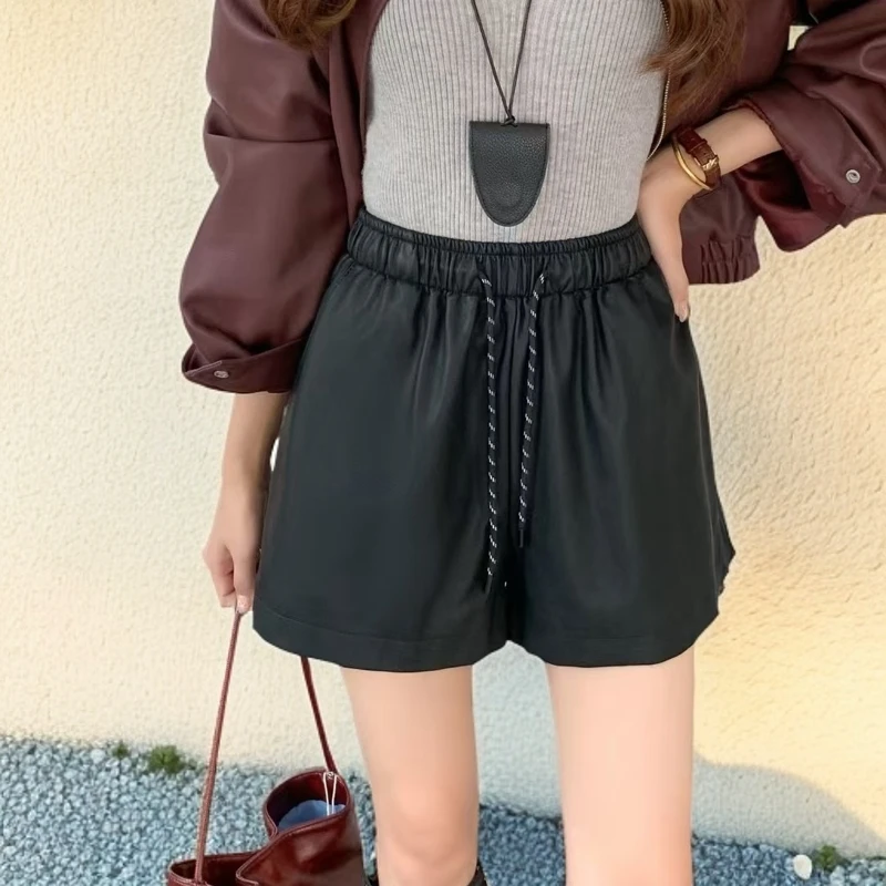 24576秋冬新款抽绳休闲蛋白松紧PU皮高腰显瘦A字阔腿皮短裤女