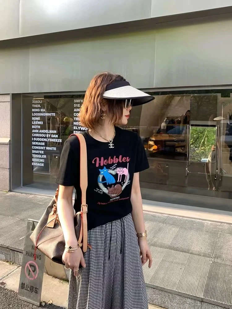1180夏季卡通猫咪印花短袖小个子显瘦圆领短袖T恤女