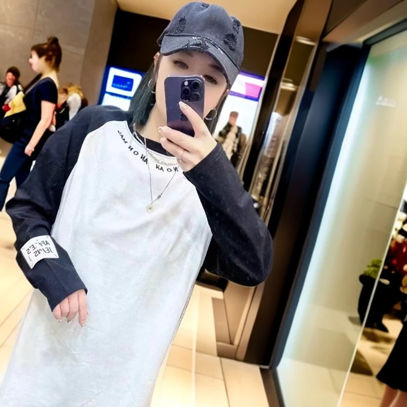 1022秋季新款双纱插肩拼接长袖T恤女中长款宽松大版懒人T恤