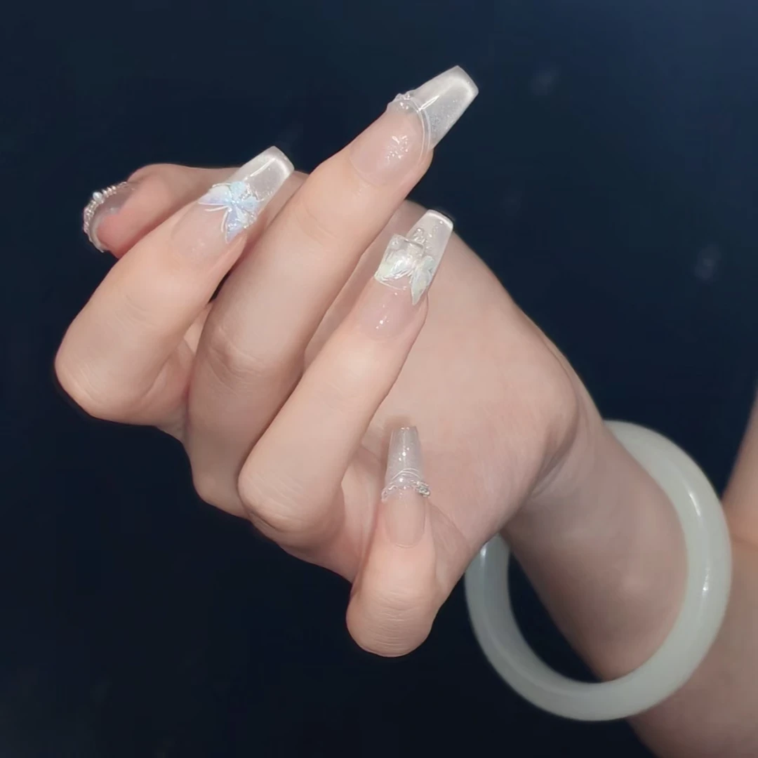 【海月】纯手工穿戴甲晶石猫眼法式蝴蝶款美甲温柔气质款高级