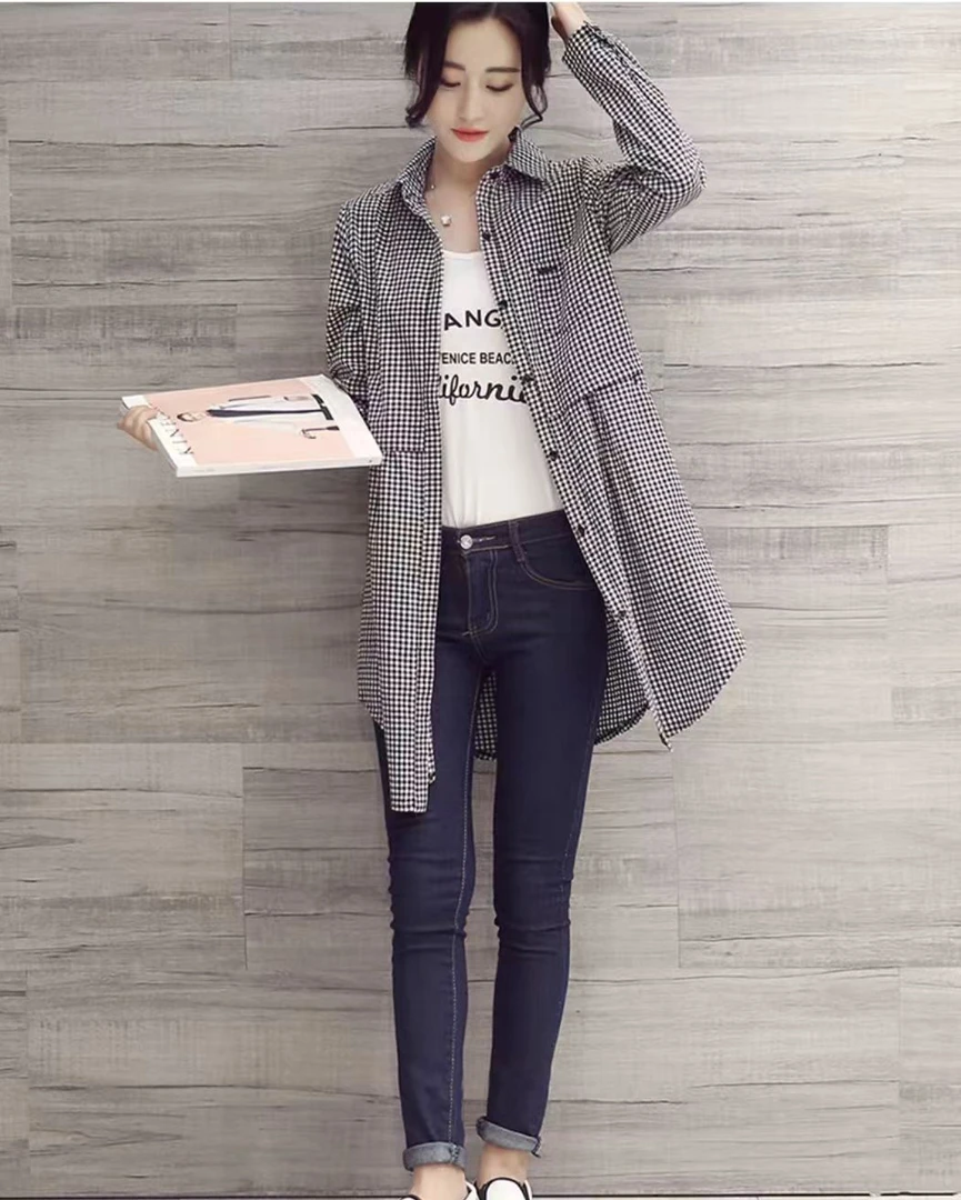 格子控BI入！设计感别致小众中长款格子长袖衬衫(A6-20)6015