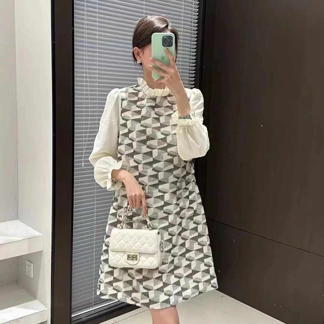 羊毛编织感多层次几何纹 高级感名媛气质宽松拼接连衣裙Q001
