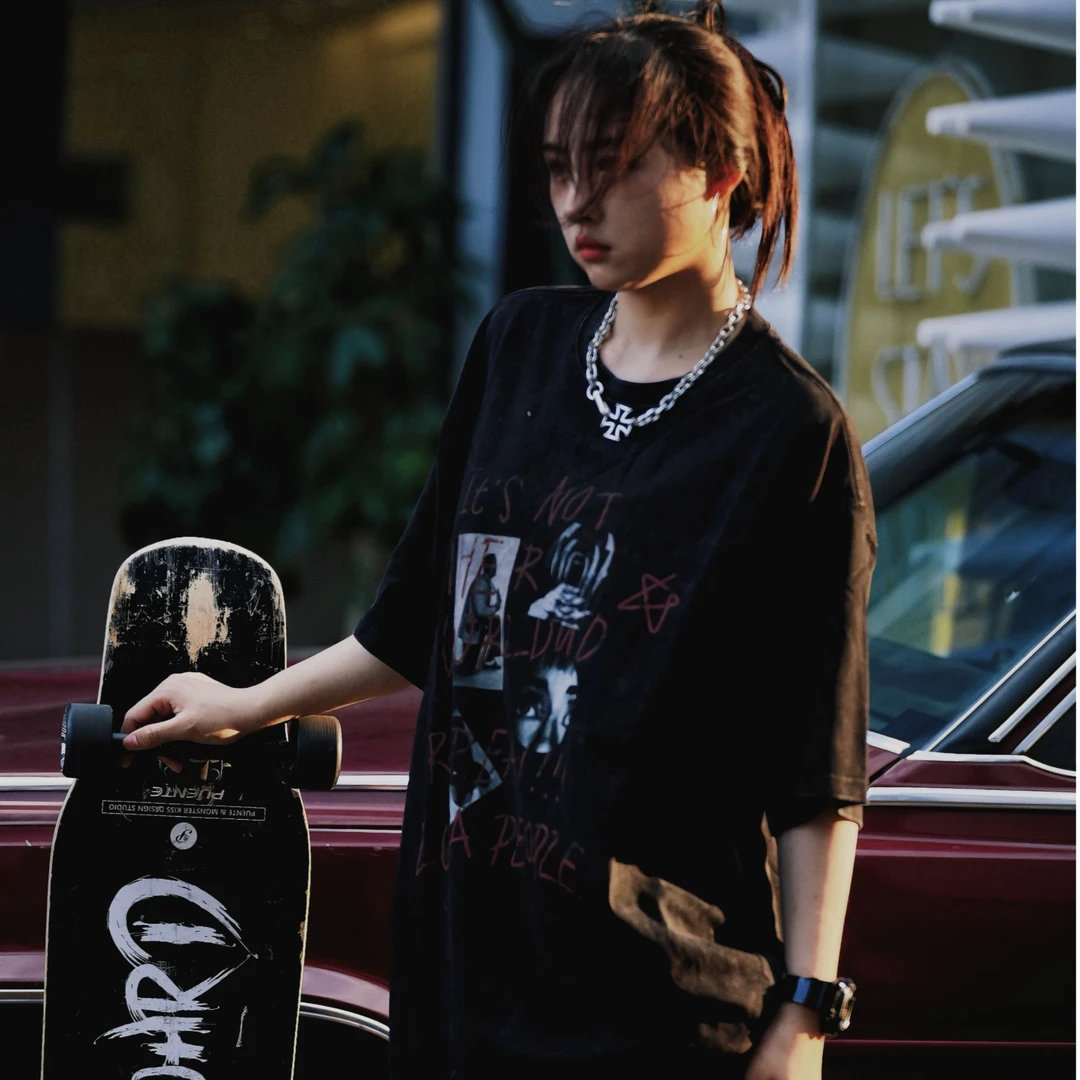 美式复古做旧乐队高街夏季重磅宽松短袖T恤街头国潮ins潮流半袖