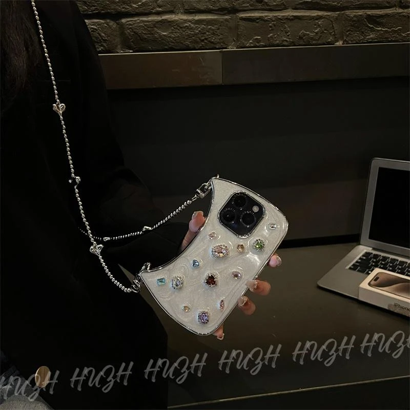 高档斜跨挂绳立体宝石包包创意小众个性日韩手机壳适用iPhone15女