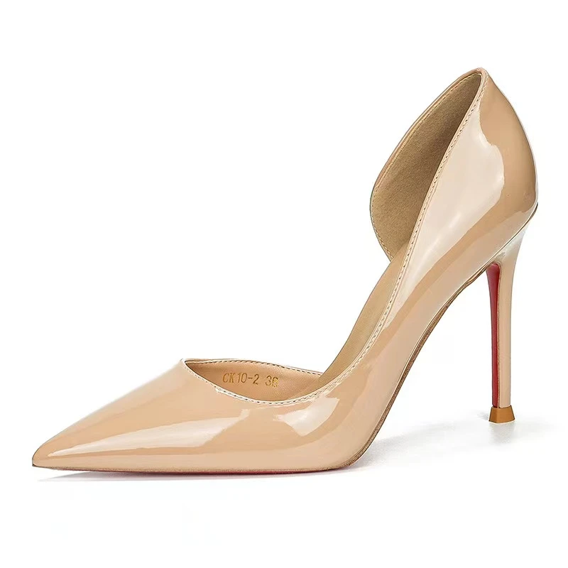 女士性感气质御姐风时尚百搭侧空红底细跟尖头浅口高跟鞋细跟女鞋