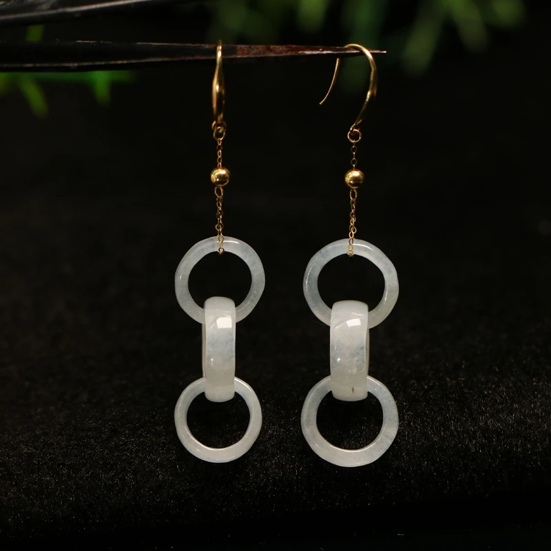 #A563一对18K金镶嵌坑白冰天然A货翡翠三连环耳环耳坠