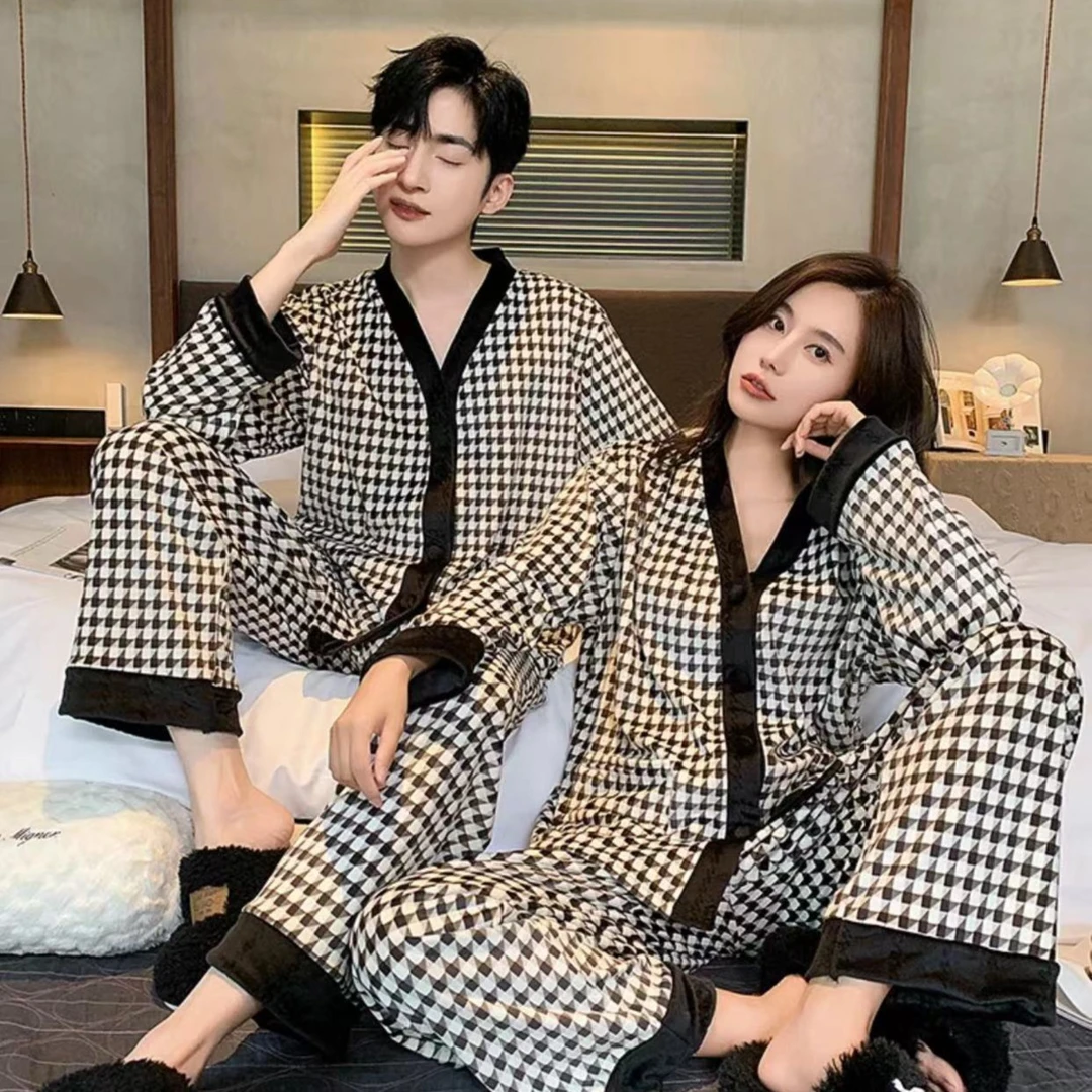 【情侣款】男超柔时尚纯色睡衣秋冬新款长袖时尚简约家居服