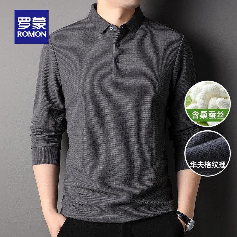 【含桑蚕丝+华夫格】罗蒙男长袖T恤2025秋季新款时尚休闲翻领polo衫