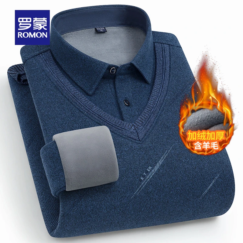 【含羊毛】罗蒙男士假两件Polo休闲加绒保暖翻领秋冬时尚舒适毛衣