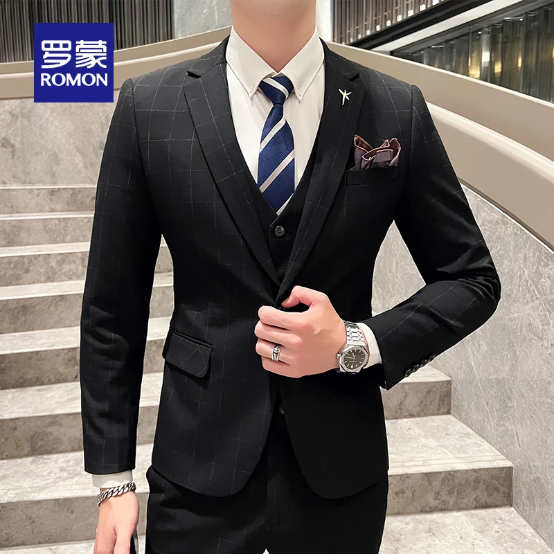 罗蒙男士格子西装2025秋季男装商务休闲职业结婚新郎礼服西服套