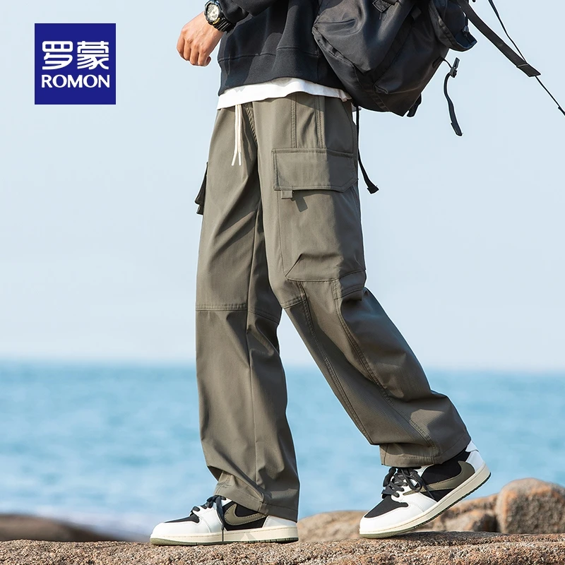 罗蒙男士潮流百搭休闲裤2025秋季新款松紧腰直筒裤时尚工装伞兵