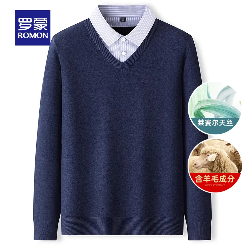 【含羊毛+莱赛尔天丝】罗蒙男长袖针织衫2025秋季中老年假两件毛衣