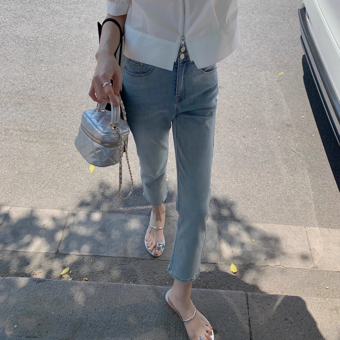 FF BLUE 夏款小鸟腿瘦瘦裤 薄款透气浅蓝修身九分裤女直筒牛仔裤