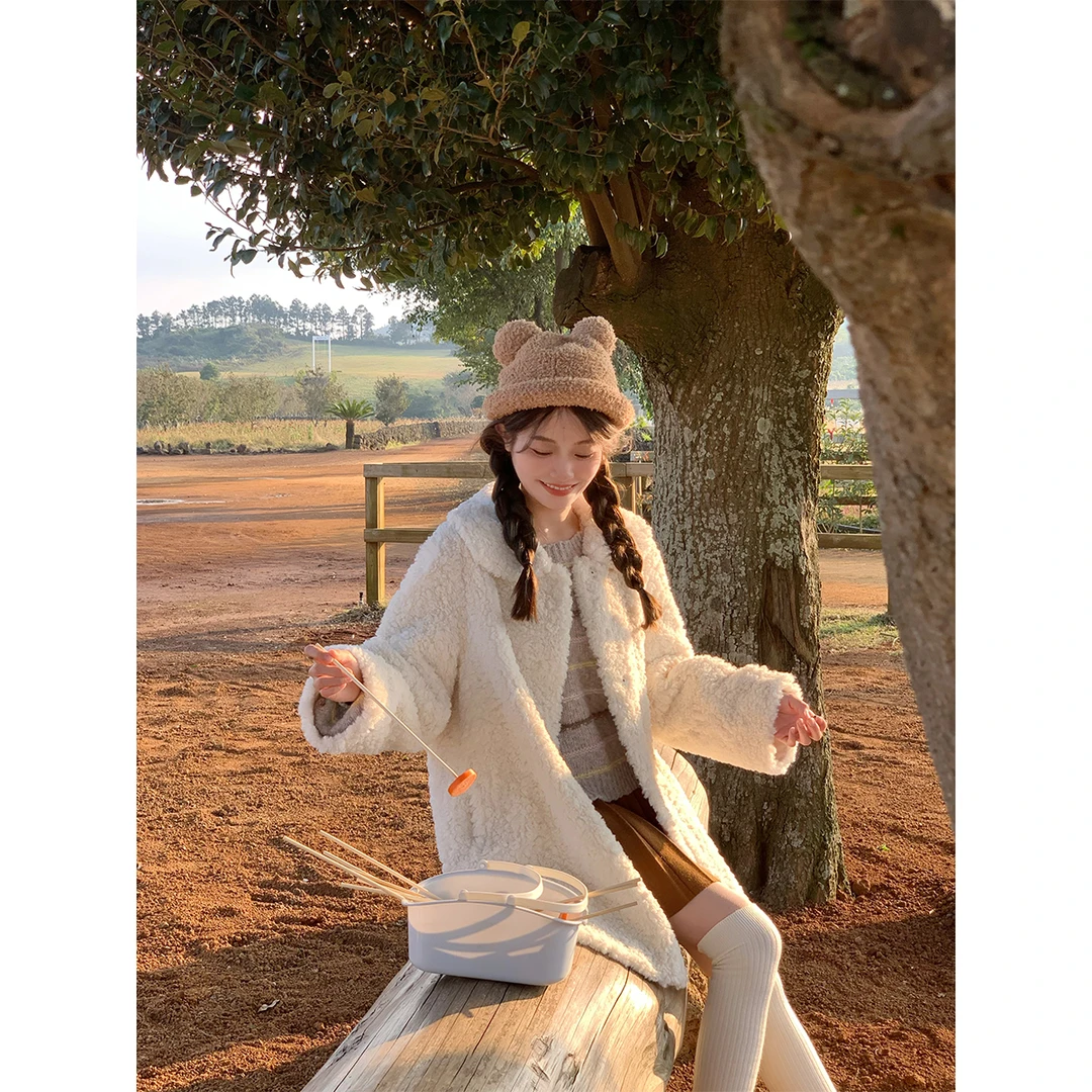 清 FF BLUE 荒野雪枝 娃娃领可爱中长款外套蝴蝶结白色毛绒外套