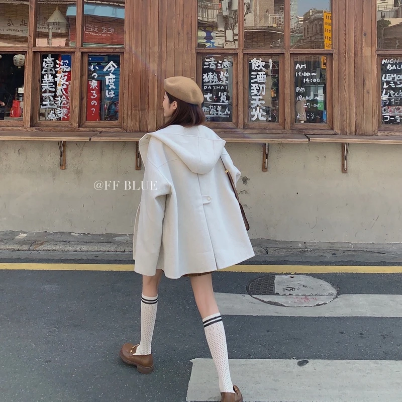 FF BLUE 圣日耳曼 小学妹学院风燕麦白双面手工连帽大衣女外套