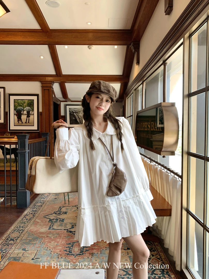 FF BLUE 奶油无花果 纯棉花瓣领风琴褶连衣裙初秋绝美高级感短裙