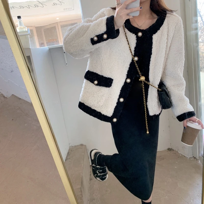 FF BLUE 永不过时的小香 黑白经典配色羊羔毛毛外套