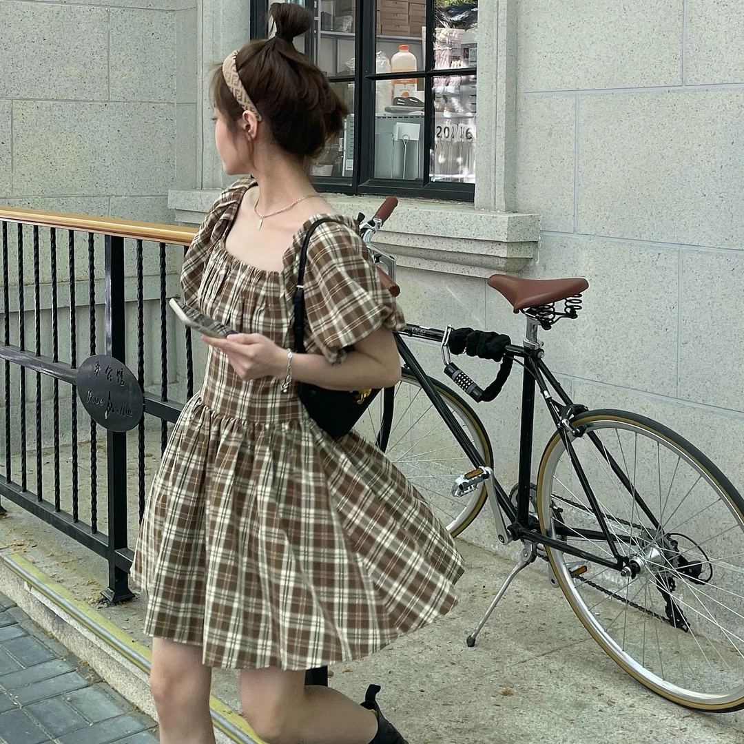 FF Blue法式小个子华夫格泡泡袖连衣裙女气质收腰显瘦A字裙短裙