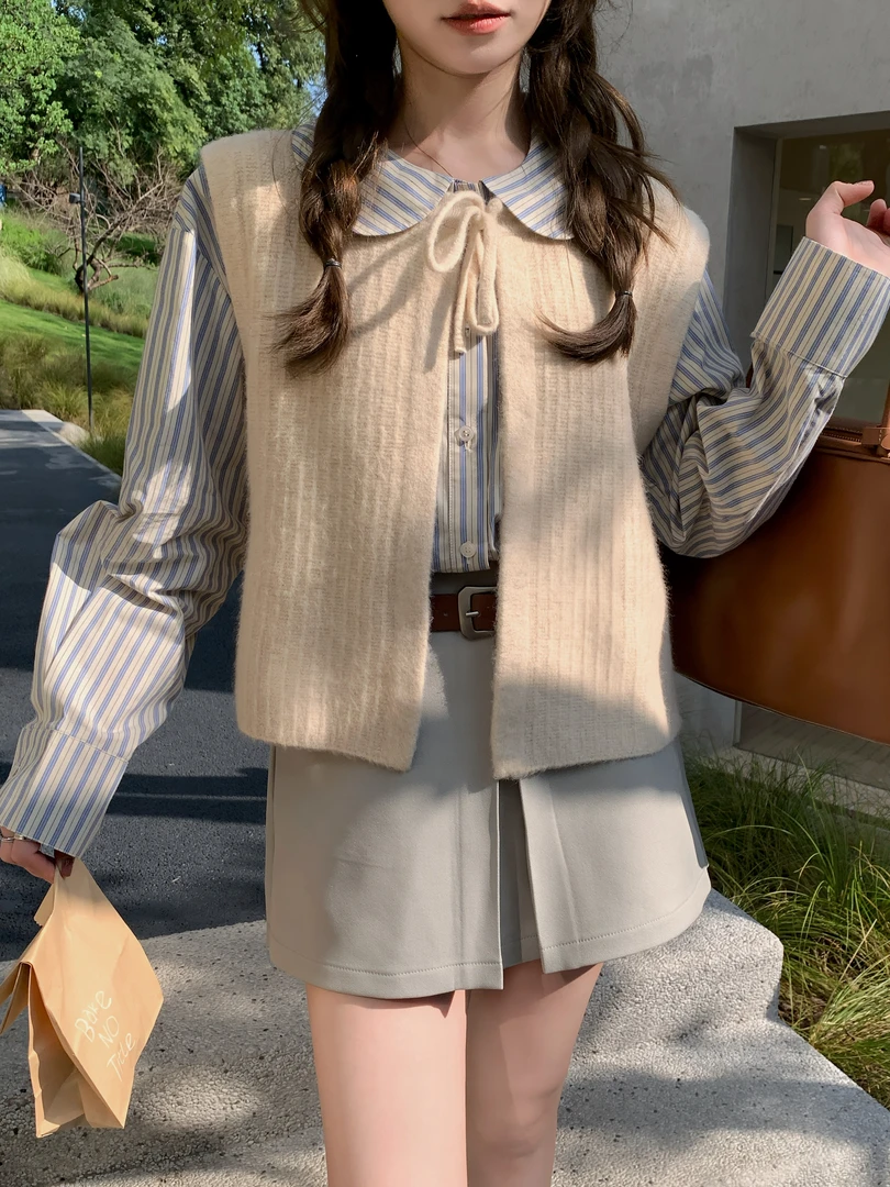 FF BLUE早秋物语 坑条圆领细带蝴蝶结马甲外搭叠穿学院风针织背心