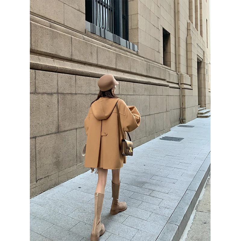 FF BLUE枫糖南瓜 驼色质感双面尼斗篷大衣女秋冬连帽外套上衣