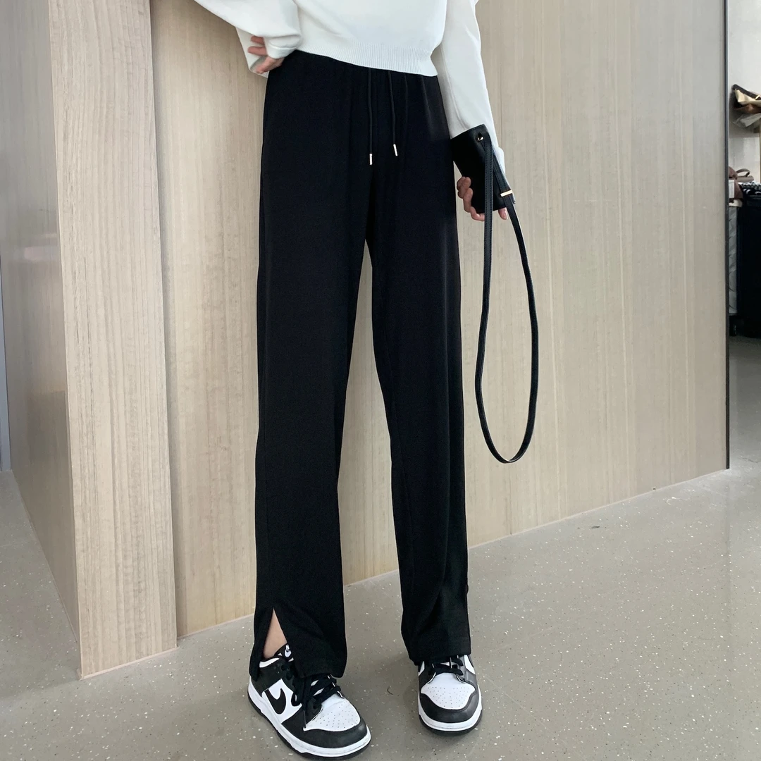 FF BLUE 显瘦逛街裤 早秋新款侧面开叉早秋针织抽绳拖地裤