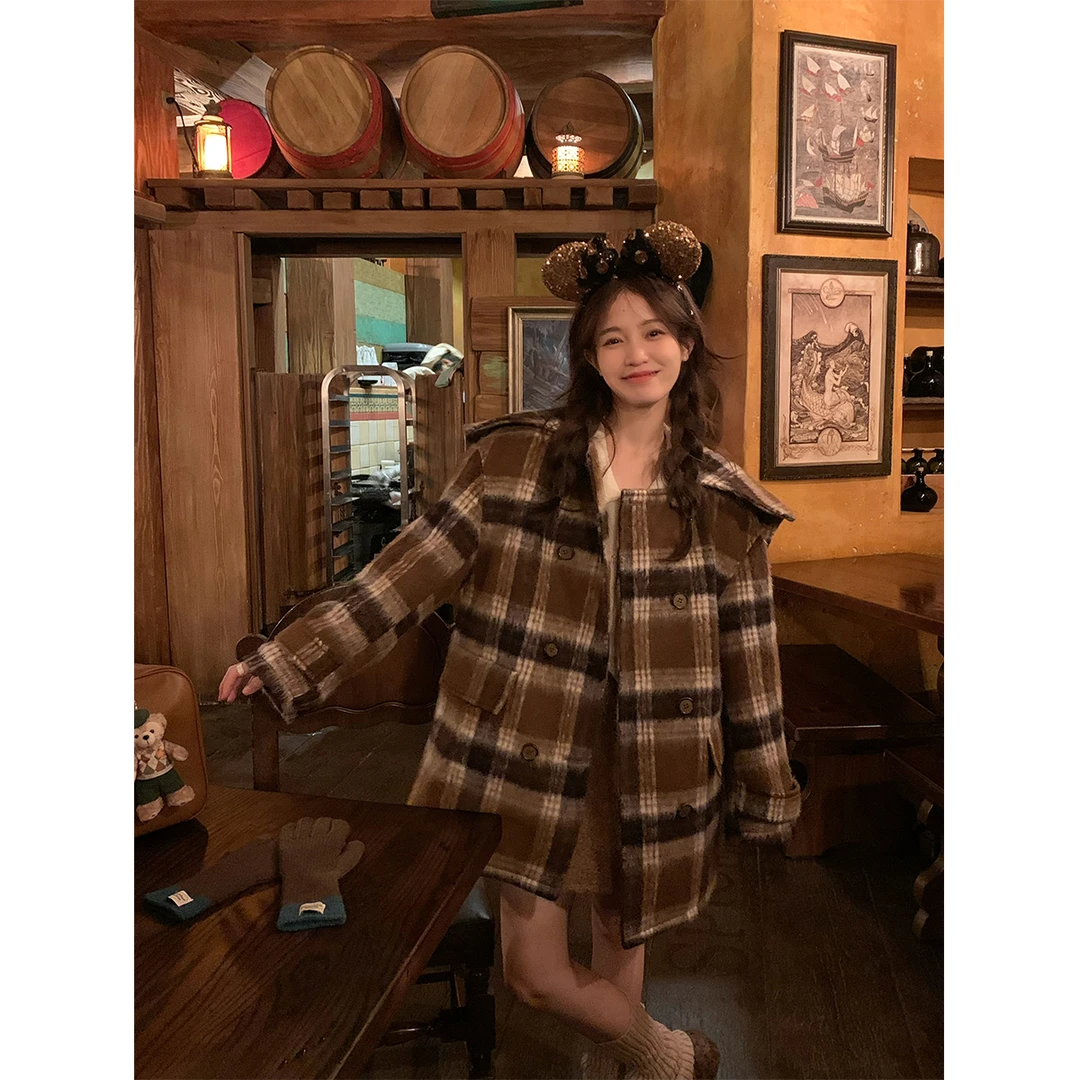 清 FF BLUE 微醺图书馆 格纹拉毛双排扣羊毛大衣加棉宽松外套女