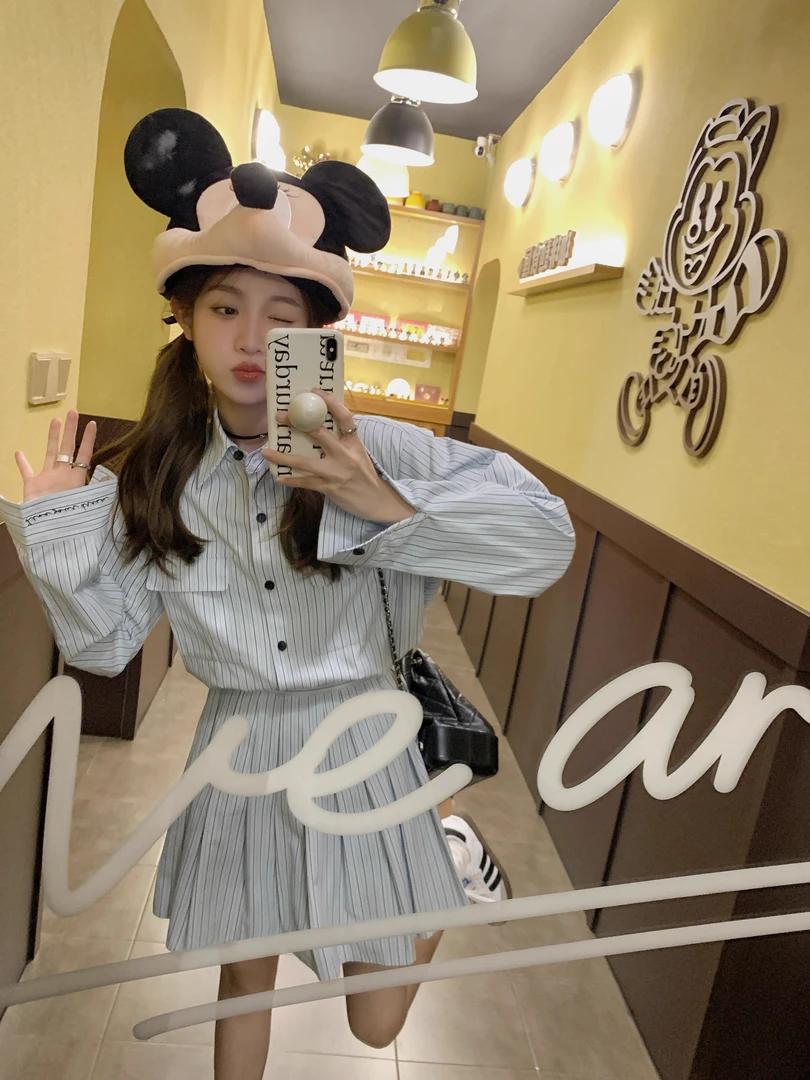 FF BLUE 美高少女 韩妹蓝色条纹衬衫A字学院风显瘦百褶半裙套装女