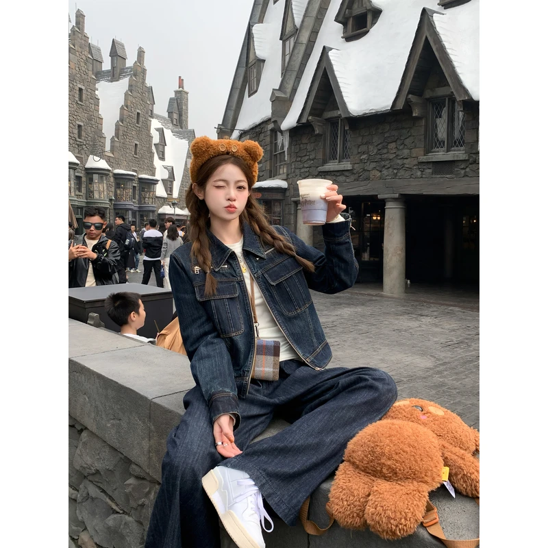 FF BLUE 丹宁日记 90棉复古夹棉牛仔短外套高级感阔腿裤两件套装