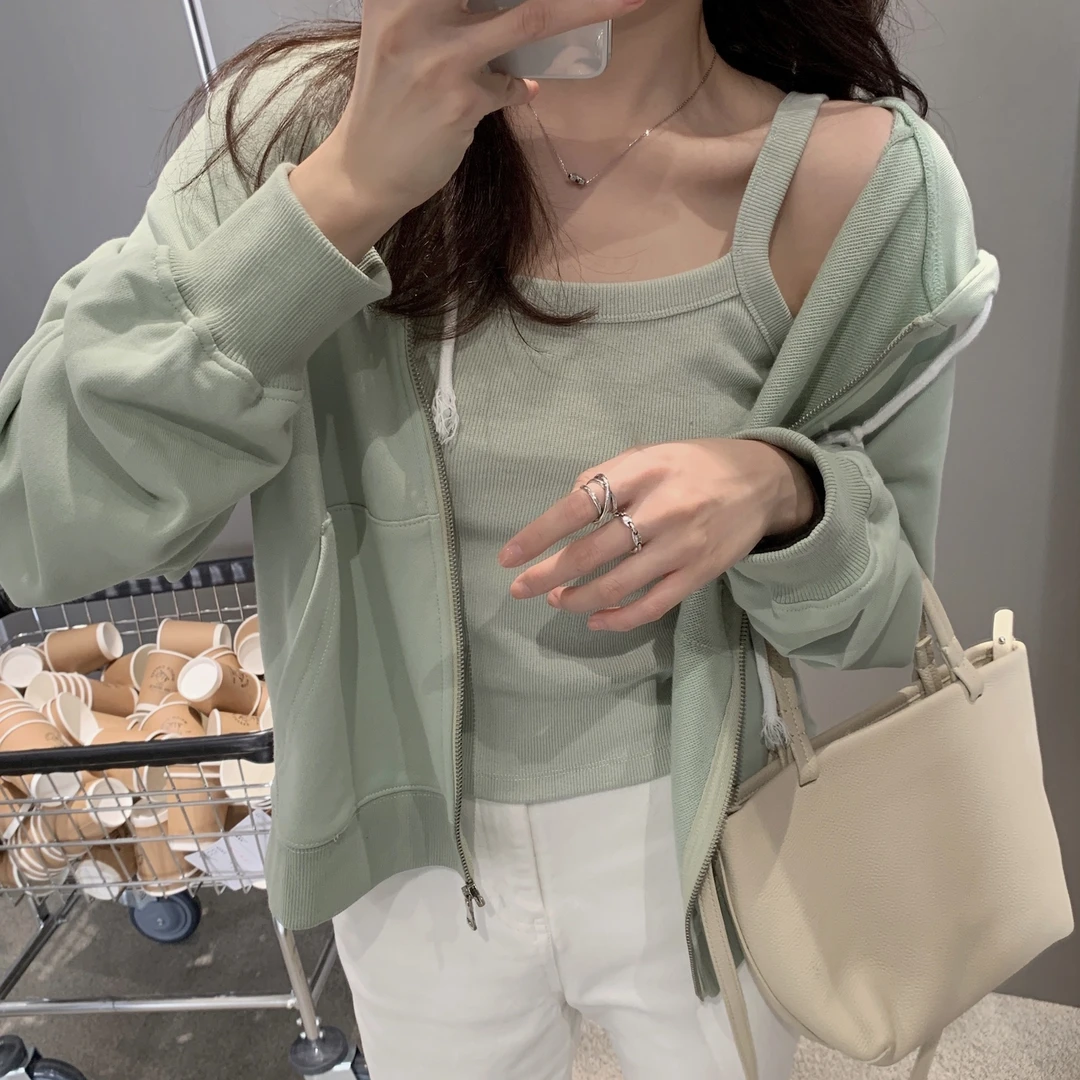 FF BLUE 薄荷奶糖 薄荷绿拉链卫衣外套+吊带套装