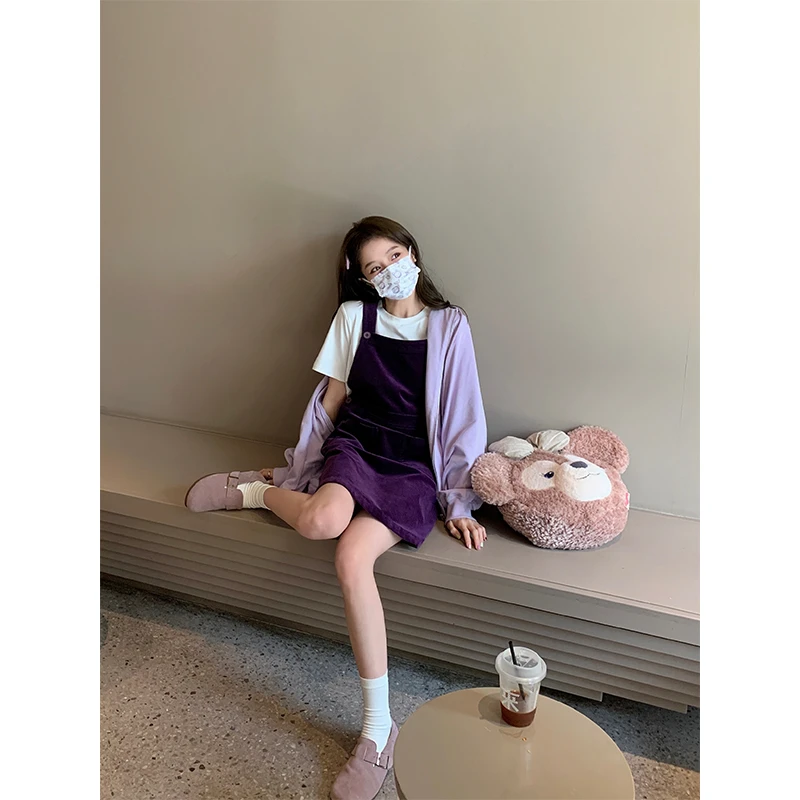 清 FF BLUE 鬼马紫光夜少女感灯芯绒背带裙百搭无袖吊带连衣裙