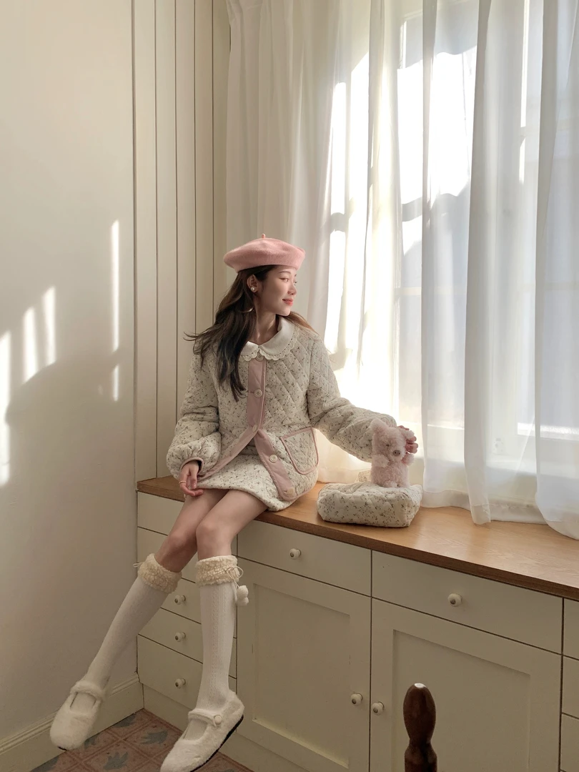 清 FF BLUE 软心泡芙 100棉软妹少女碎花棉服可爱减龄短款半裙