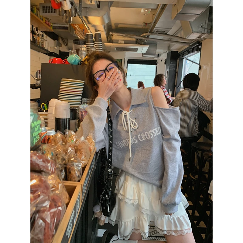 清 FF BLUE 鬼马乖妹 露肩拼色卫衣百搭美式复古设计感宽松上衣