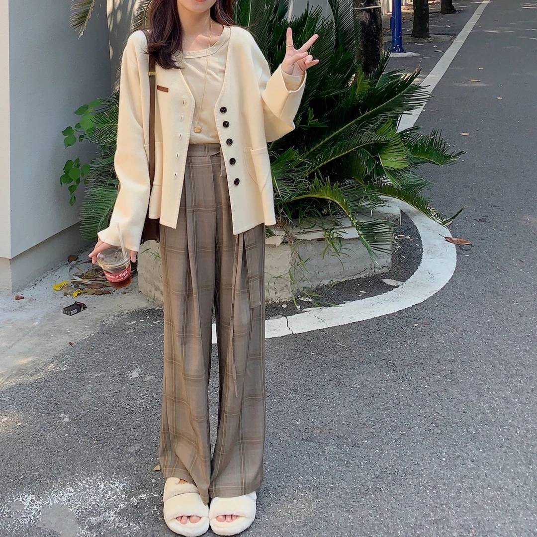 FF BLUE 不露腿星人 自线格纹垂顺显瘦秋冬拖地阔腿裤 2色