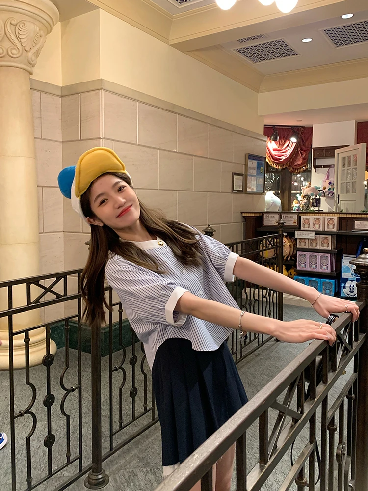 清 FF BLUE 家境殷实 短袖版小千金蓝白条纹衬衫韩系百搭上衣女