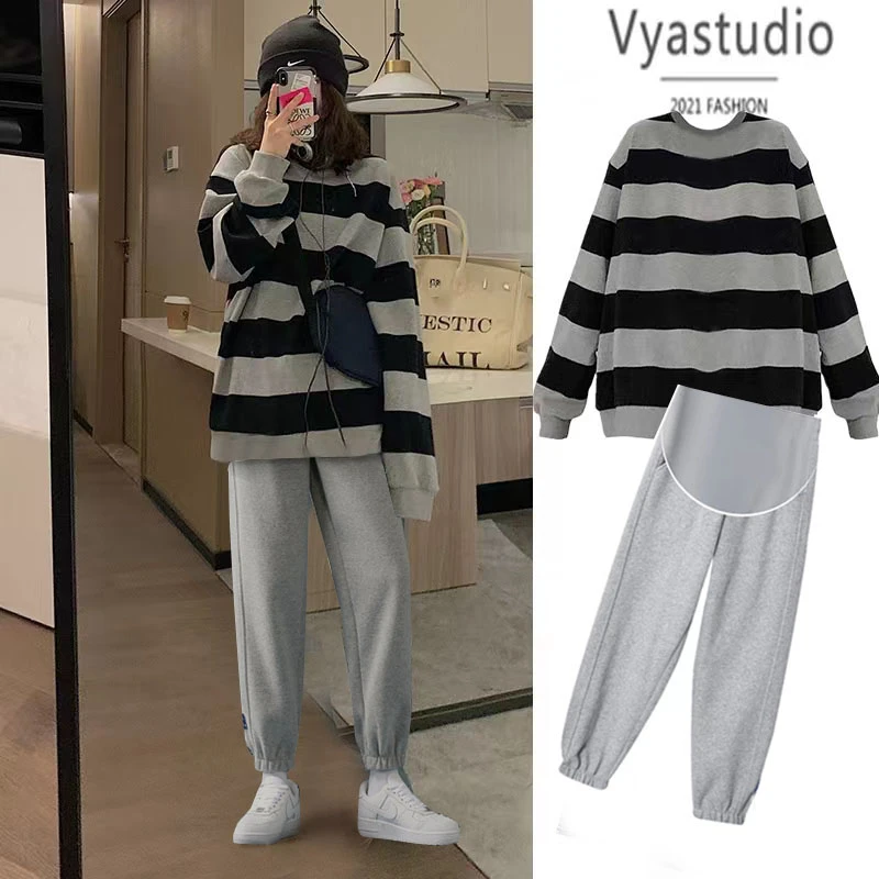 孕妇装春季套装2025新款时尚款韩版条纹卫衣上衣宽松显瘦孕妇春款