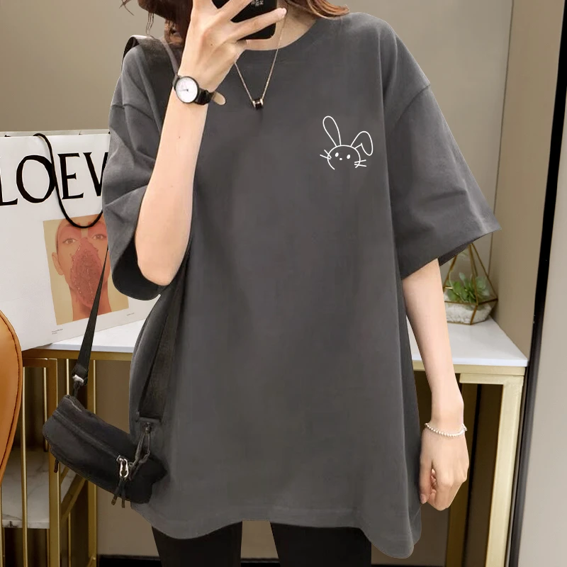 遮屁股圆领t恤女短袖2023夏季新款大码减龄中长款宽松烟灰色上衣