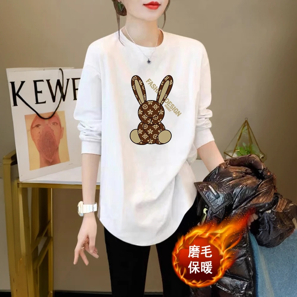 秋冬新款弧形下摆长袖打底衫宽松圆领印花中长款百搭磨毛保暖上衣