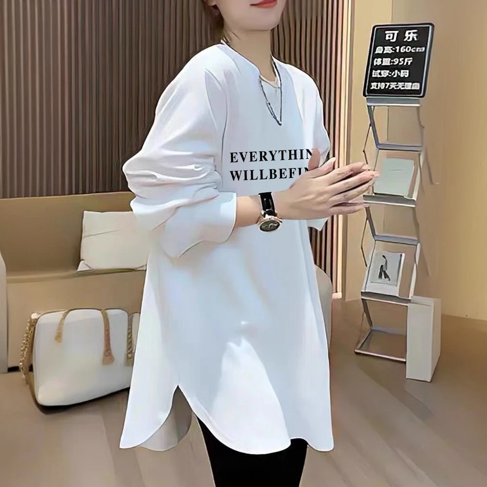 长袖宽松休闲T恤弧形下摆设计春秋款百搭内搭打底衫圆领套头上衣