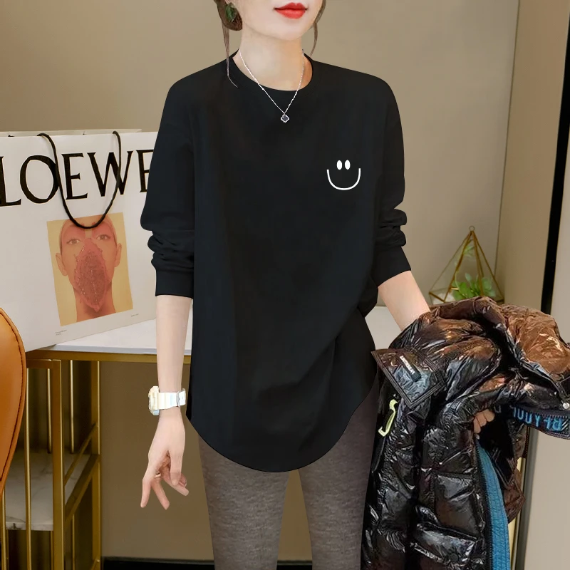 笑脸中长款T恤女2023新款春秋宽松时尚洋气叠穿长袖不规则上衣潮
