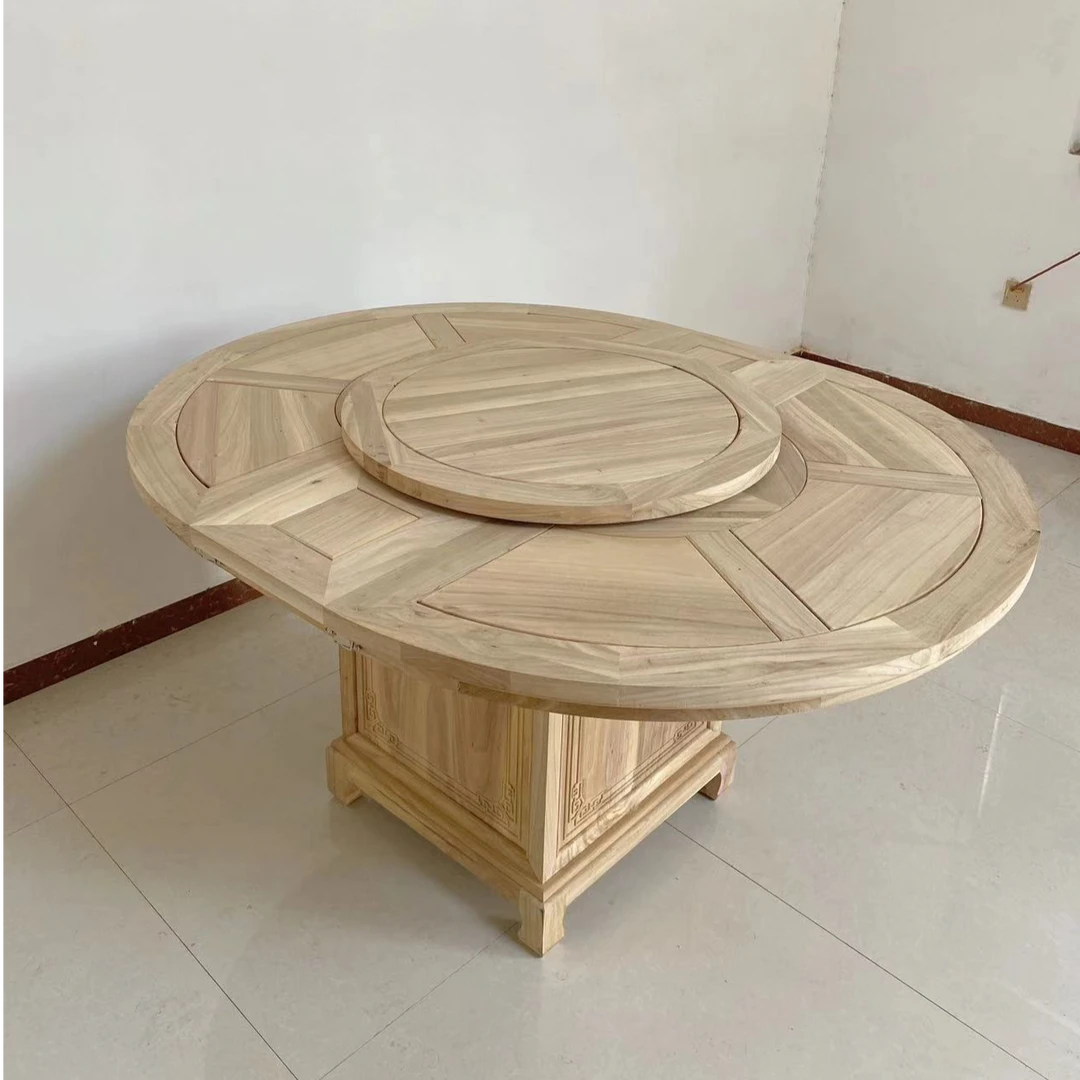 北方榆木全榆木材质伸缩圆桌轻奢新中式家用简约古典圆形雕花