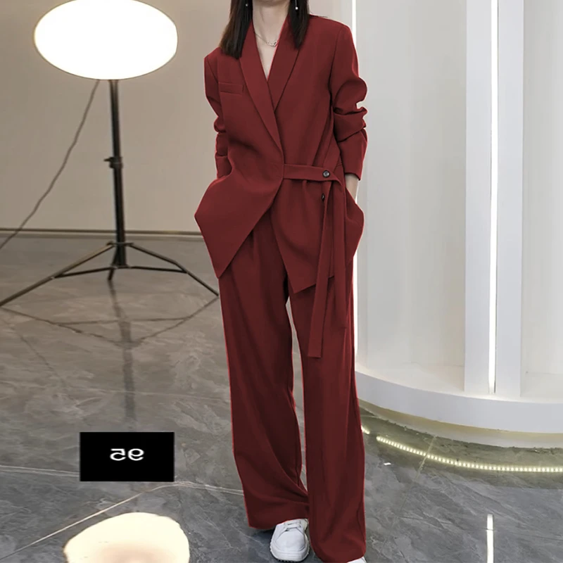 大码女装西装套装2023春秋新款胖mm系带宽松休闲西服阔腿裤两件套
