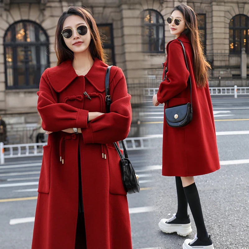 秋冬洋气大码红色娃娃领毛呢外套女胖mm宽松休闲韩版过膝呢子大衣