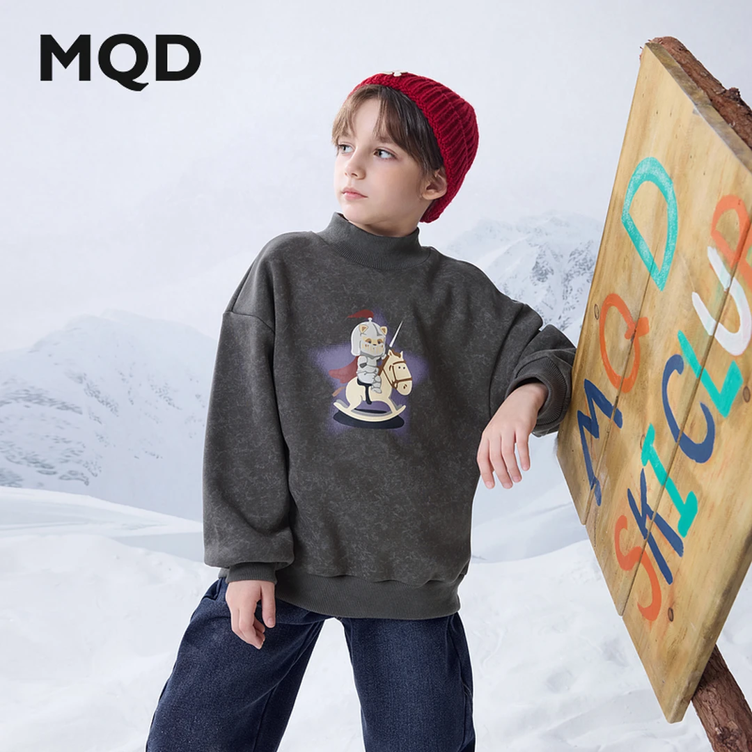 MQD童装24冬季新品男大童加绒保暖卡通半高领卫衣9644W0615