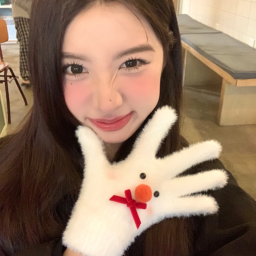 圣诞雪人毛绒针织手套秋冬可爱加厚保暖户外骑行分指防冻