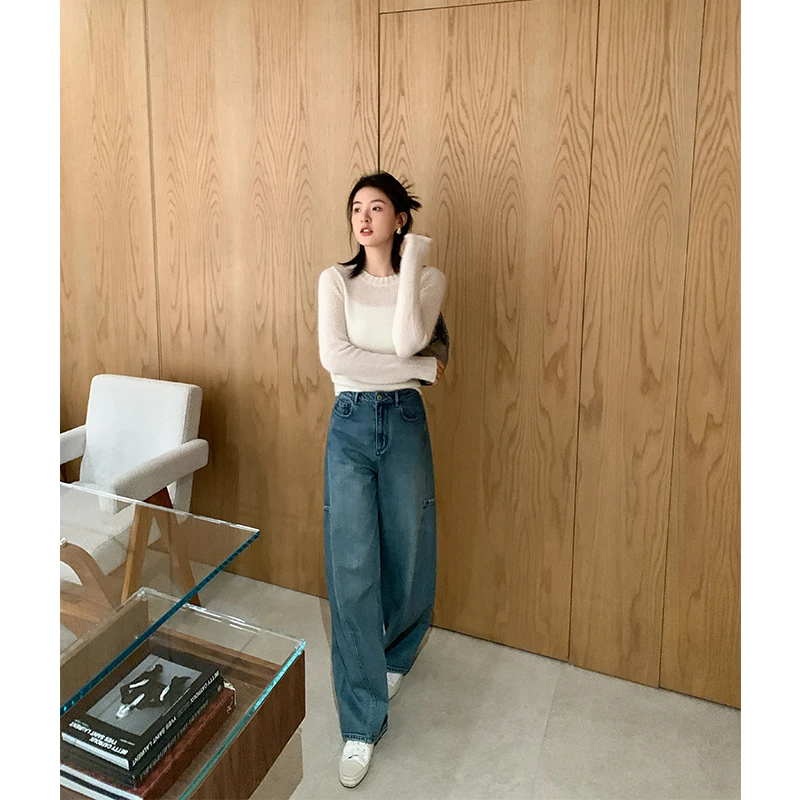 ADA MISS2024新款时髦分割线宽松茧型牛仔裤高腰显瘦阔腿长裤女