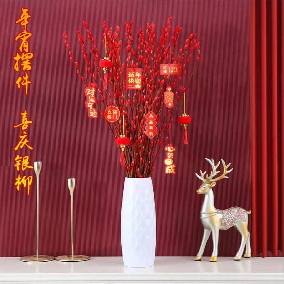 红色招财银柳干花真花鲜枝耐寒年宵花水培花卉室内客厅摆放装饰花